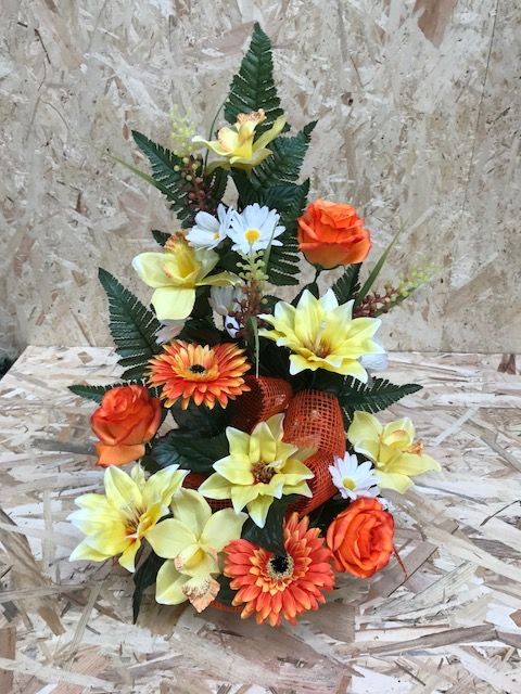 COMPOSITION FLORALE FUNERAIRE_POTEE LESTEE_JAUNE ET ORANGE_PO1JO15