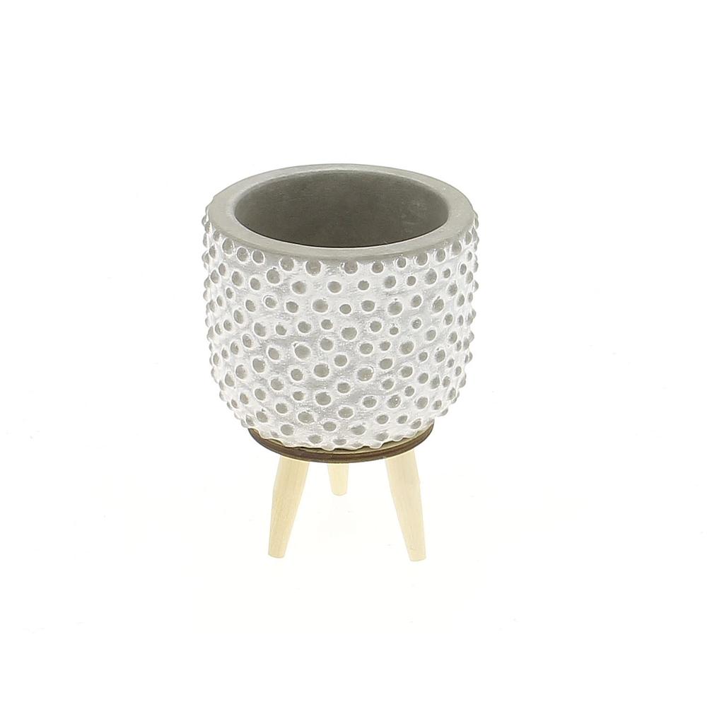 CACHE POT CIMENT SUR PIED BOIS MOTIF BULLE_Diam 8xH 11cm_19XG1008